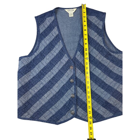 VTG Orvis Two-Toned Blue Quilted Patchwork Striped Denim Vest Button Closure XL - Picture 6 of 7